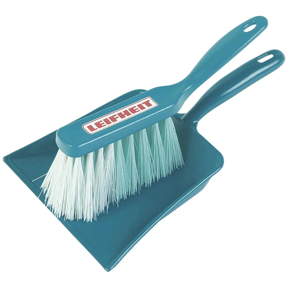 Theo Klein Leifheit sweeping set features a blue-handled brush with white bristles and "LEIFHEIT" text on it.