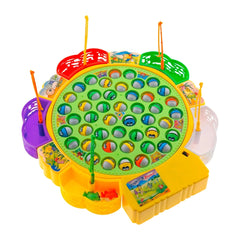 A colorful interactive fish game toy featuring a yellow central component with holes and smaller purple and green circular pi