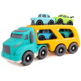 Sustainable car transporter set features a large blue truck carrying two smaller trucks in vibrant colors on a flat surface.