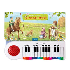 Colorful children's musical keyboard featuring cartoon characters and the text "Meine ersten Kinderlieder" with black and whi