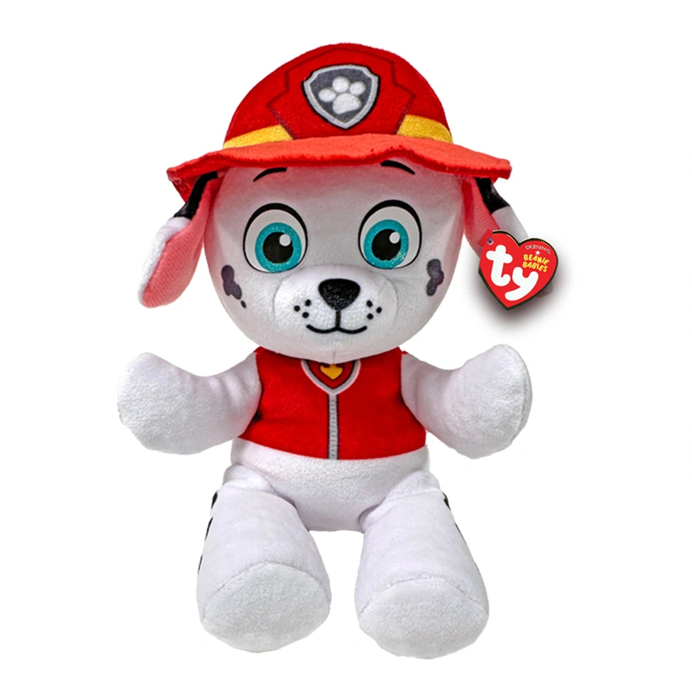 TY Beanie Babies Marshall is a cuddly plush dog with a white body, red hat, and friendly blue eyes.