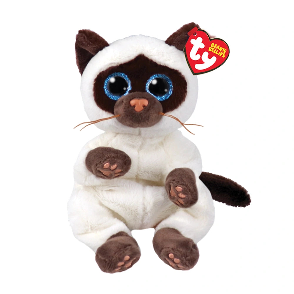 Stuffed toy cat with a white body, brown markings, blue eyes, and a red tag reading "ty beanie" on its ear.