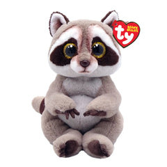TY Beanie Bellies Petey is a plush grey raccoon with brown and white accents, featuring a heart-shaped tag on its ear.