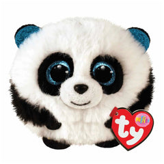 Plush panda toy with black patches, blue eyes, and a heart-shaped TY tag, sitting upright against a light background.