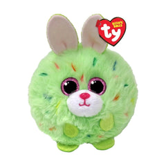 Green plush rabbit toy with large black eyes, pink nose, and glittery details, featuring a round body and big ears.