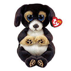 TY Beanie Bellies Ranger is a plush black dog with blue eyes, brown accents, and a cute design, featuring a brand tag on its