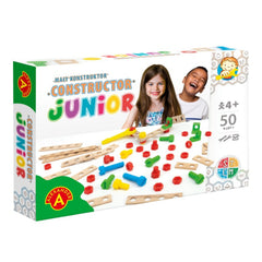 Alexander Constructor Junior 50-piece set box with colorful screws and connectors, children smiling.