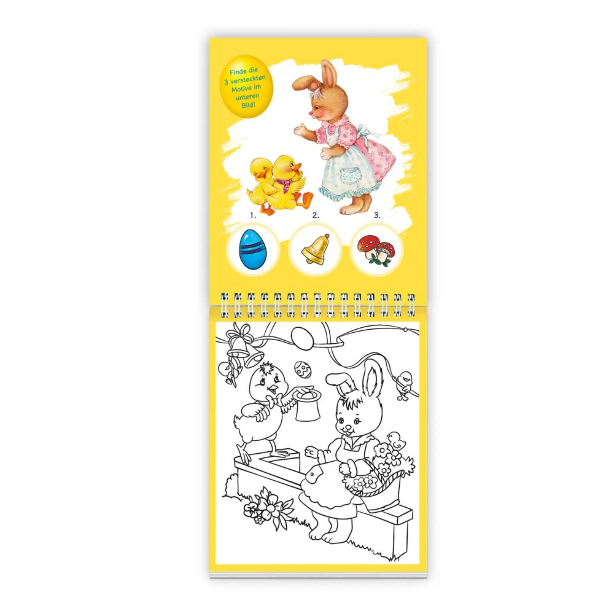 TROTSCH Easter calendar features colorful illustration of two rabbits, one with a basket, on a bright yellow background.