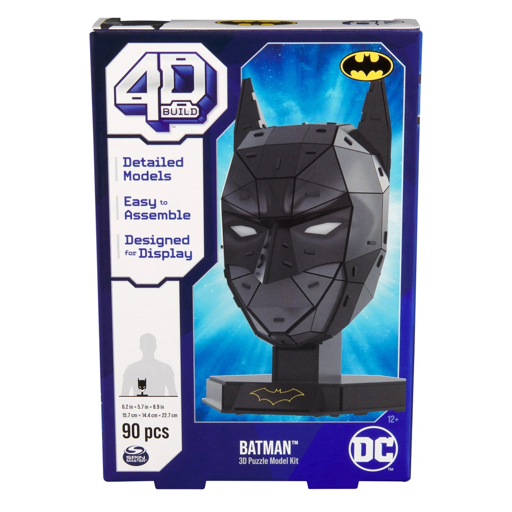 4D Build DC Batman mask 3D puzzle model kit featuring a black cowl with yellow and white details, packaged in glossy cardboar