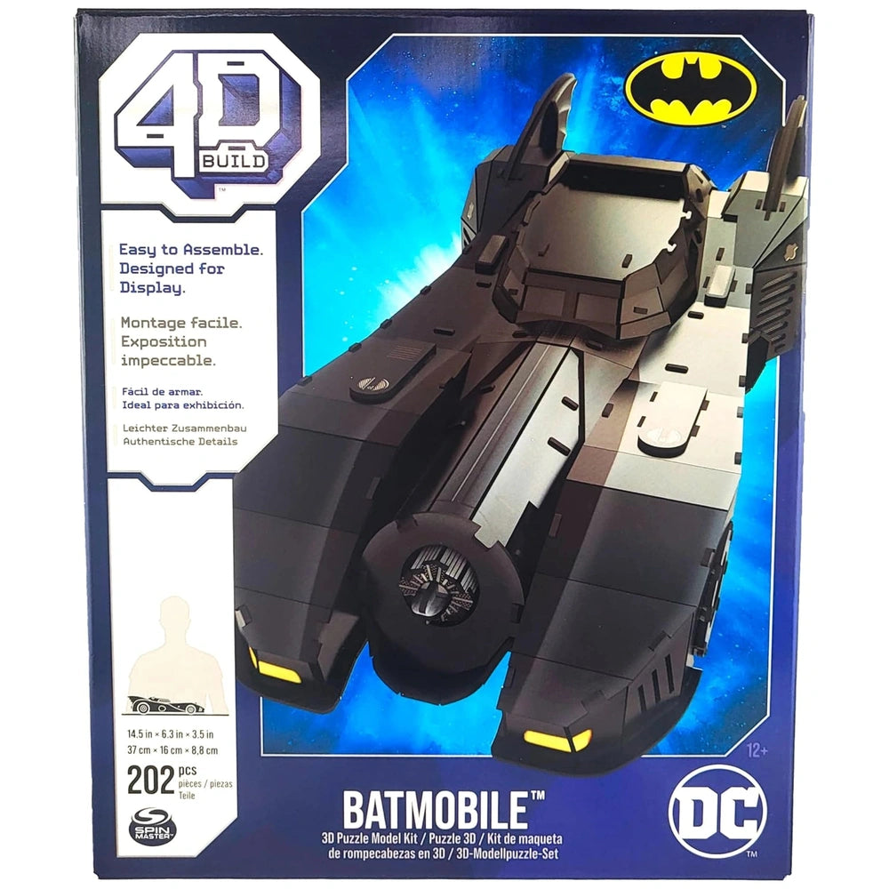 4D Build DC Batman Retro Batmobile 3D Puzzle Model Kit showcases a sleek Batmobile in blue packaging with a prominent bat emb
