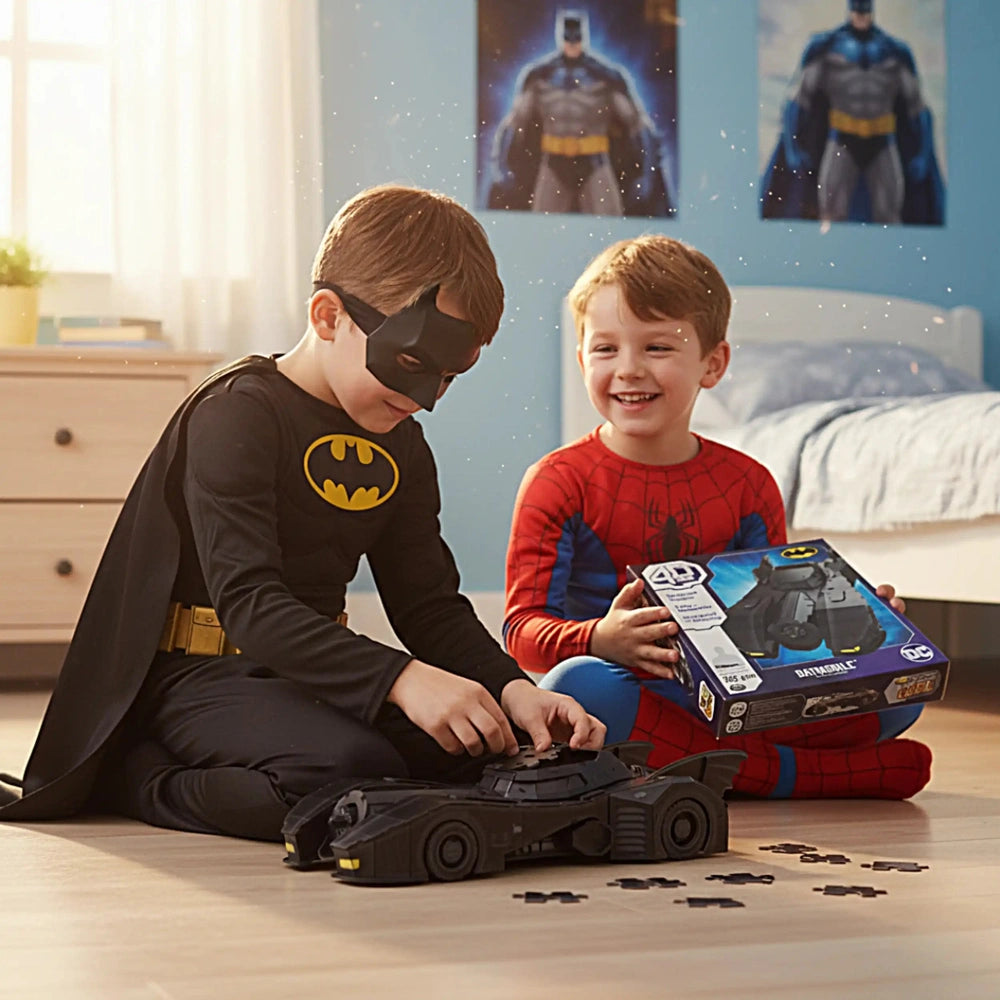 4D Build DC Batman Retro Batmobile 3D Puzzle Model Kit is featured as two boys in costumes play together on a carpeted floor.