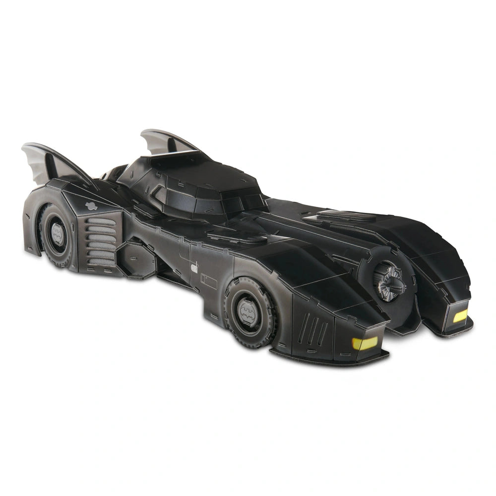 4D Build DC Batman Retro Batmobile 3D puzzle model kit in black with yellow highlights, showcasing detailed design and sleek 
