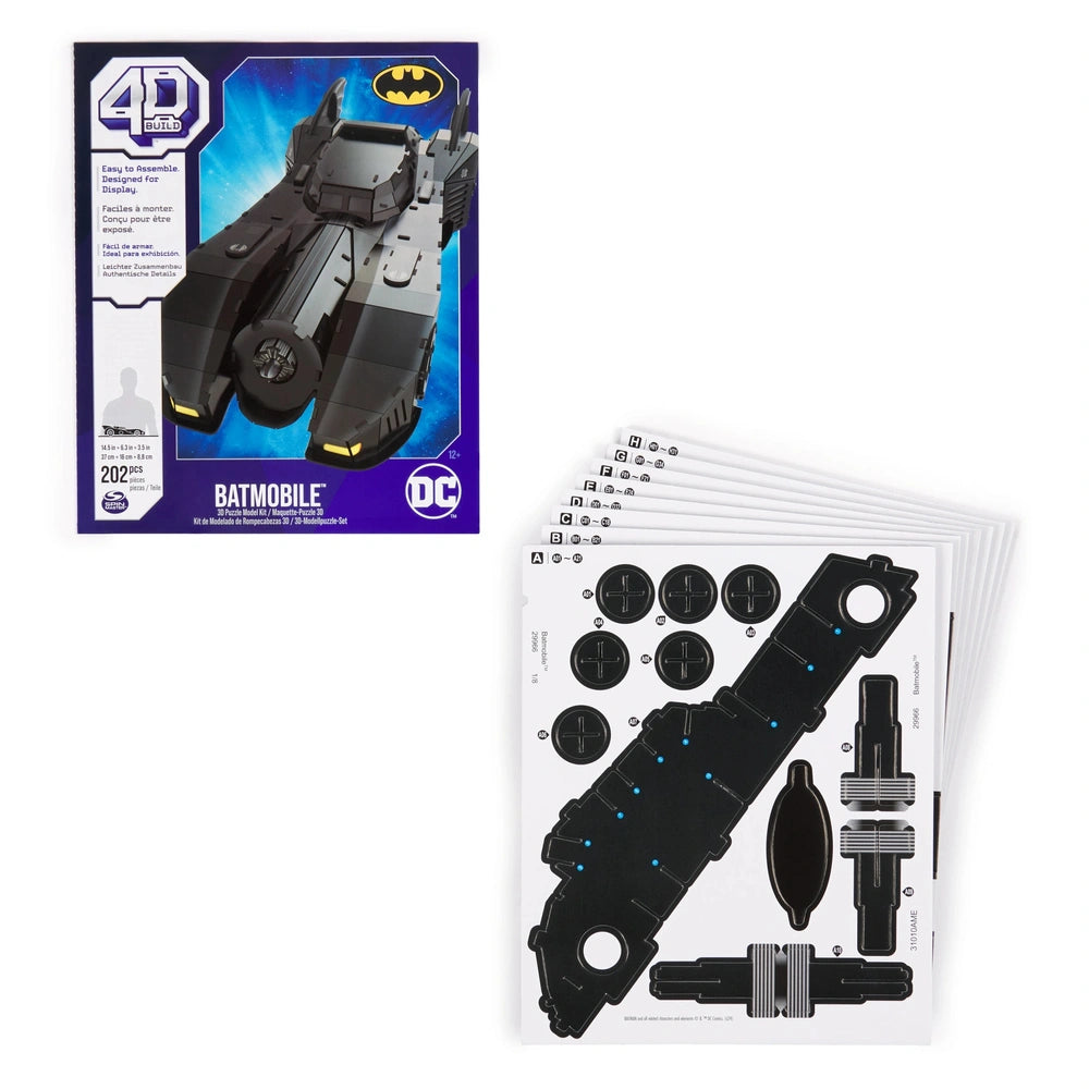 4D Build DC Batman Retro Batmobile model kit in black with blue and yellow accents, displayed against a white background.