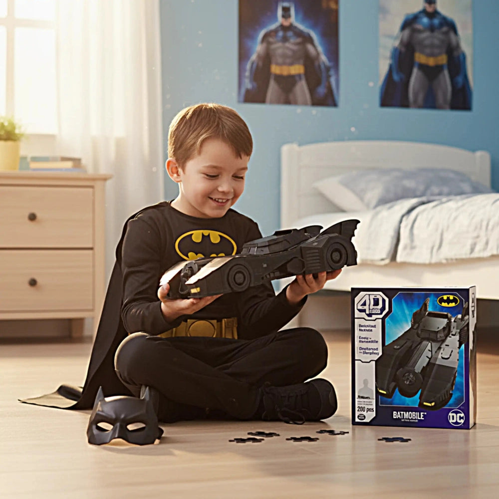 Young boy in a Batman costume smiles while holding a toy Batmobile on a wooden floor surrounded by Batman-themed items.