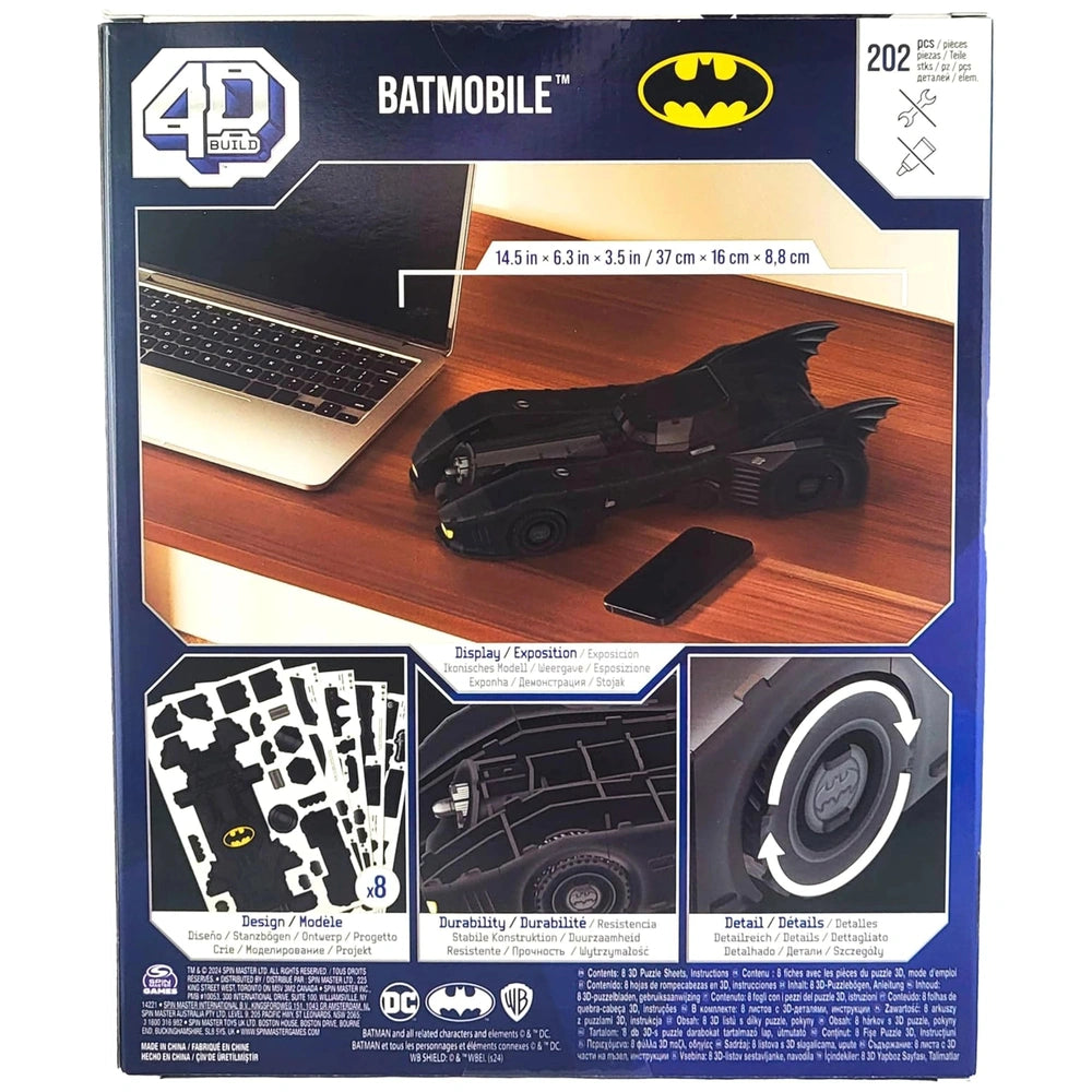 4D Build DC Batman Retro Batmobile 3D Puzzle Model Kit in blue packaging with a clear window showcasing the black Batmobile.