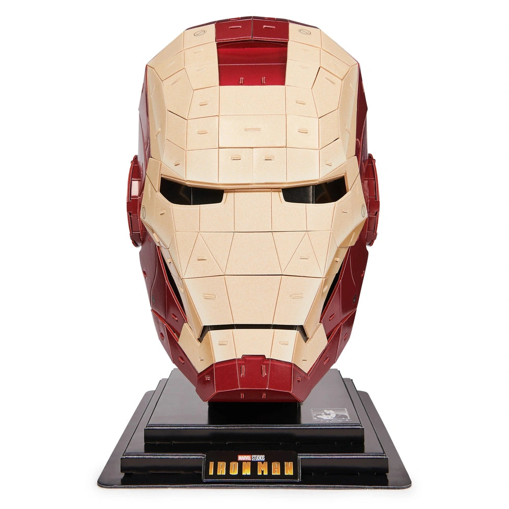 4D Build Marvel Iron Man 3D puzzle model kit features a detailed red and white superhero head on a black display stand.