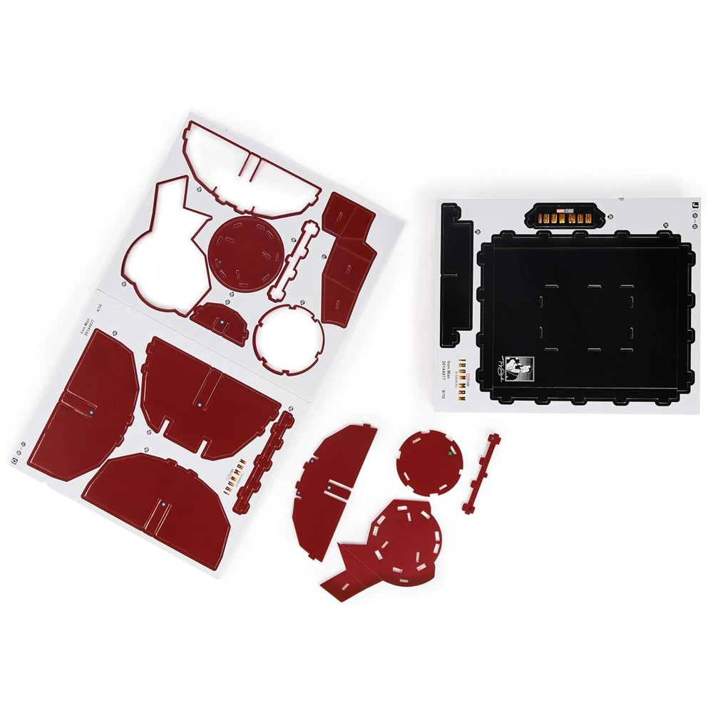 4D Build Marvel Iron Man 3D Puzzle Model Kit features red plastic parts arranged on a white surface, ready for assembly.