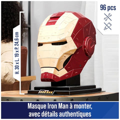 4D Build Marvel Iron Man 3D puzzle model kit features a vibrant red and white mask on a contrasting black stand.