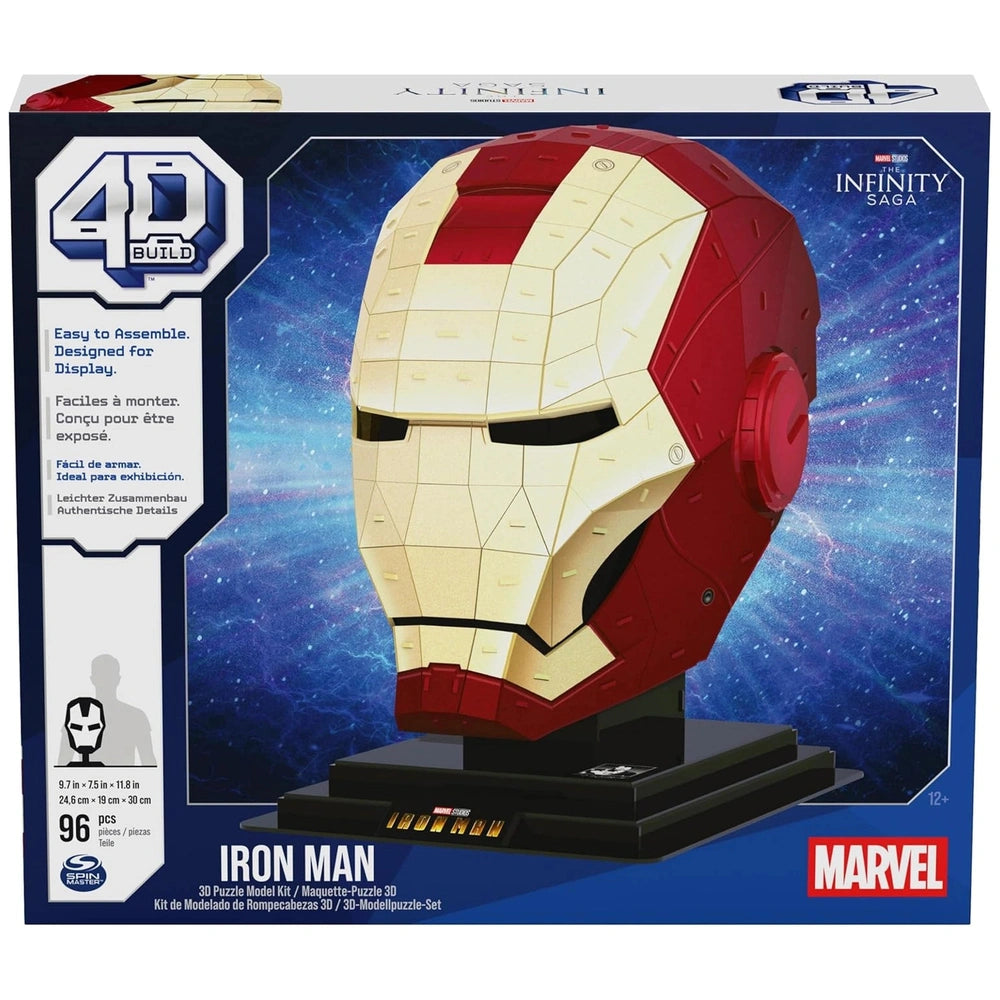 4D Build Marvel Iron Man 3D puzzle model kit featuring a red and gold helmet on a black stand with a cosmic background.