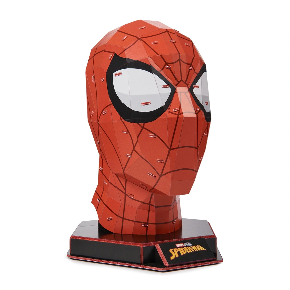 4D Build Marvel Spider-Man 3D puzzle model kit features a red and black textured mask on a black stand, showcasing iconic des