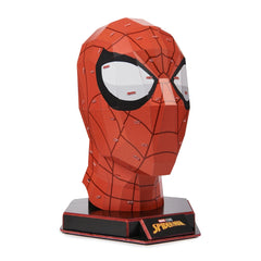 4D Build Marvel Spider-Man 3D puzzle model kit features a red and black textured mask on a black stand, showcasing iconic des