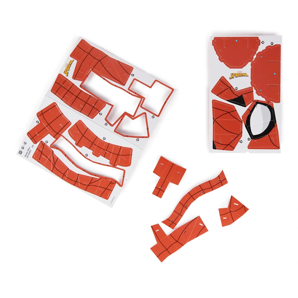 4D Build Marvel Spider-Man 3D puzzle model kit featuring scattered red plastic pieces on a white background.