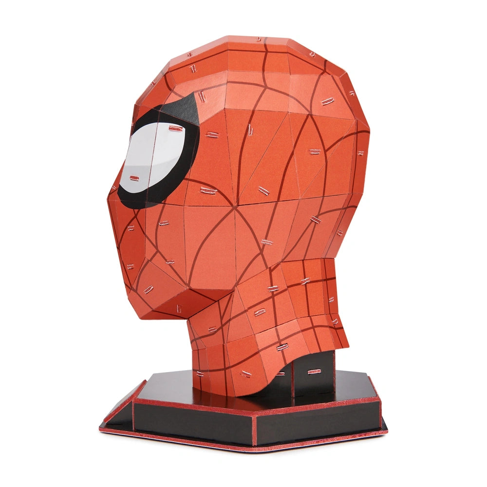 4D Build Marvel Spider-Man 3D puzzle model kit features a red and black stylized head sculpture on a black base.