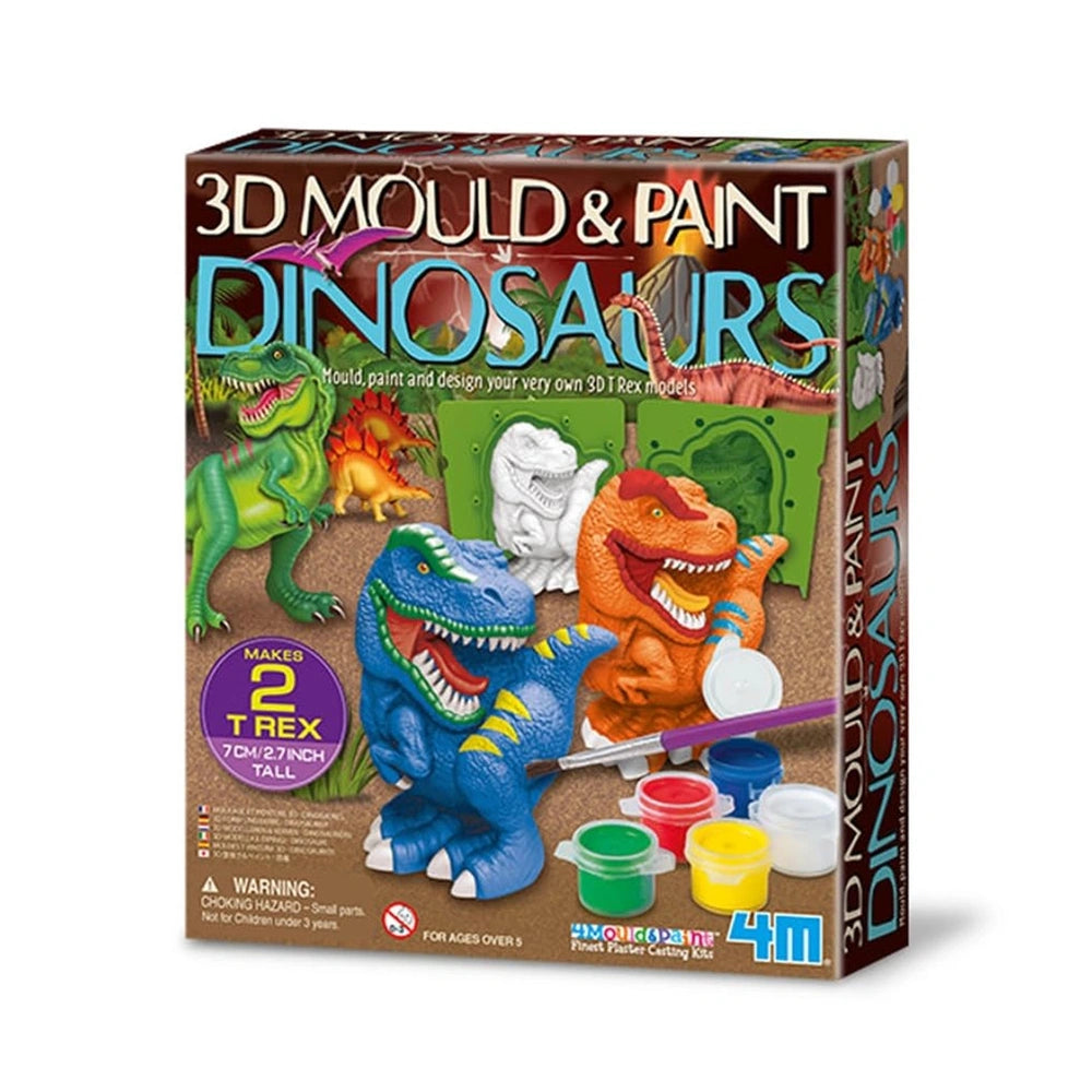 4M 3D Mould & Paint Dinosaurs packaging features green and orange plastic dinosaurs holding purple paintbrushes on a brown ba