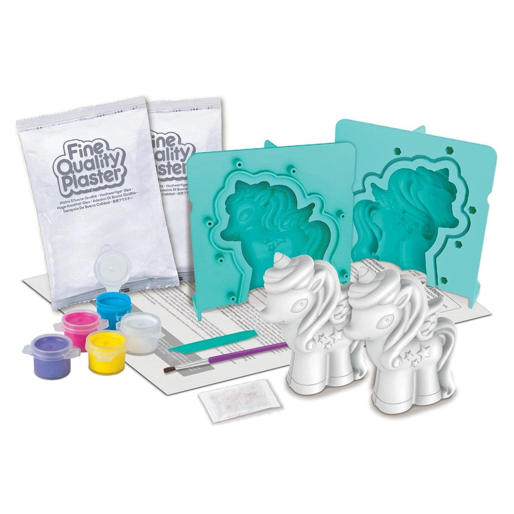 4M 3D Mould & Paint Glitter Unicorns set featuring multiple plastic bags with colorful labels for arts and crafts activities.