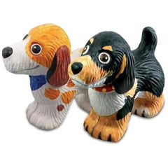 3D Mould & Paint Puppy Dogs set featuring two vibrant dog figurines in orange, white, and black with detailed features.