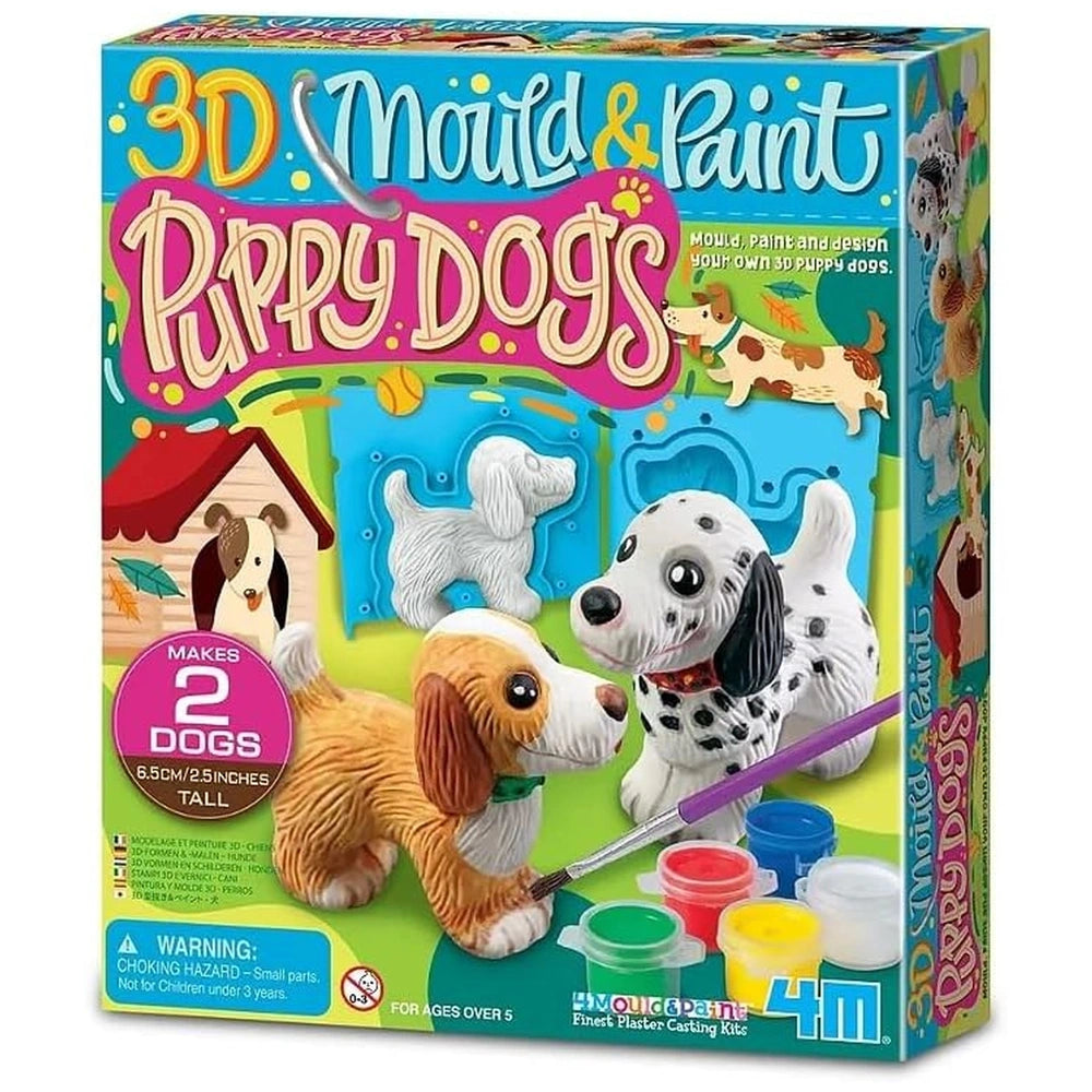 4M 3D Mould & Paint Puppy Dogs arts and crafts kit in colorful packaging with a clear plastic window and warning labels.
