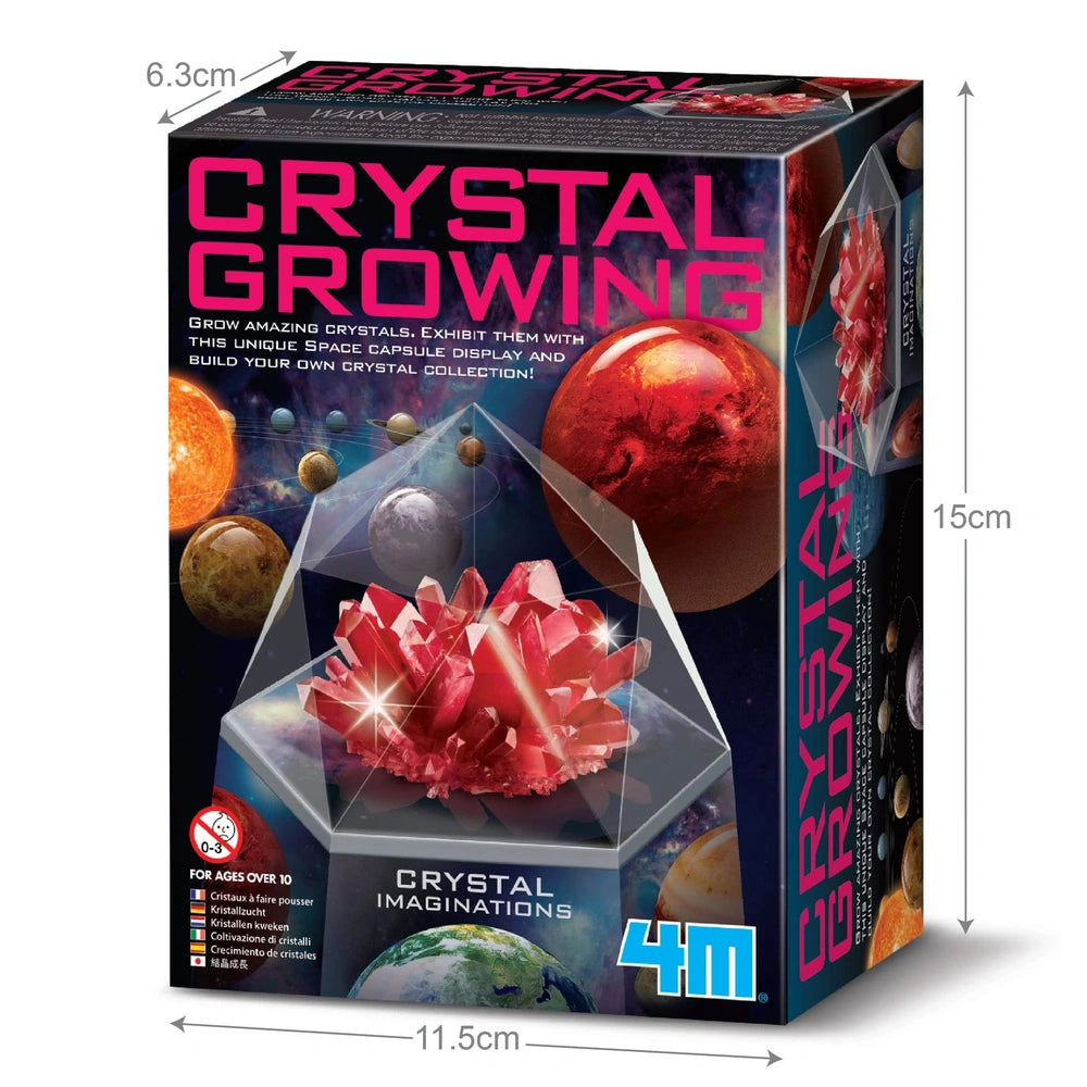4M Crystal Growing Red Edition toy playset in glossy cardboard box with red crystals, blue and pink graphics, and white text.