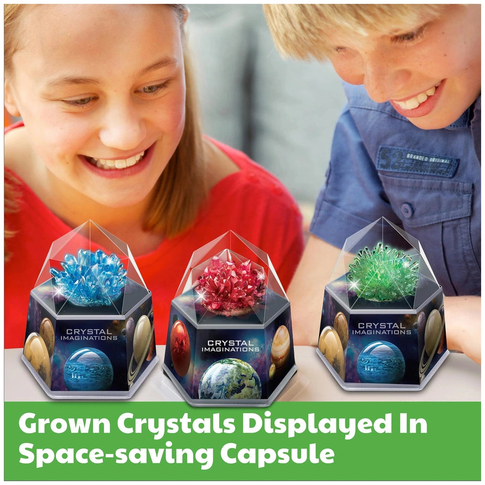 4M Crystal Growing Red Edition toy playset with three colorful crystals in capsules, glossy packaging, and smiling children.