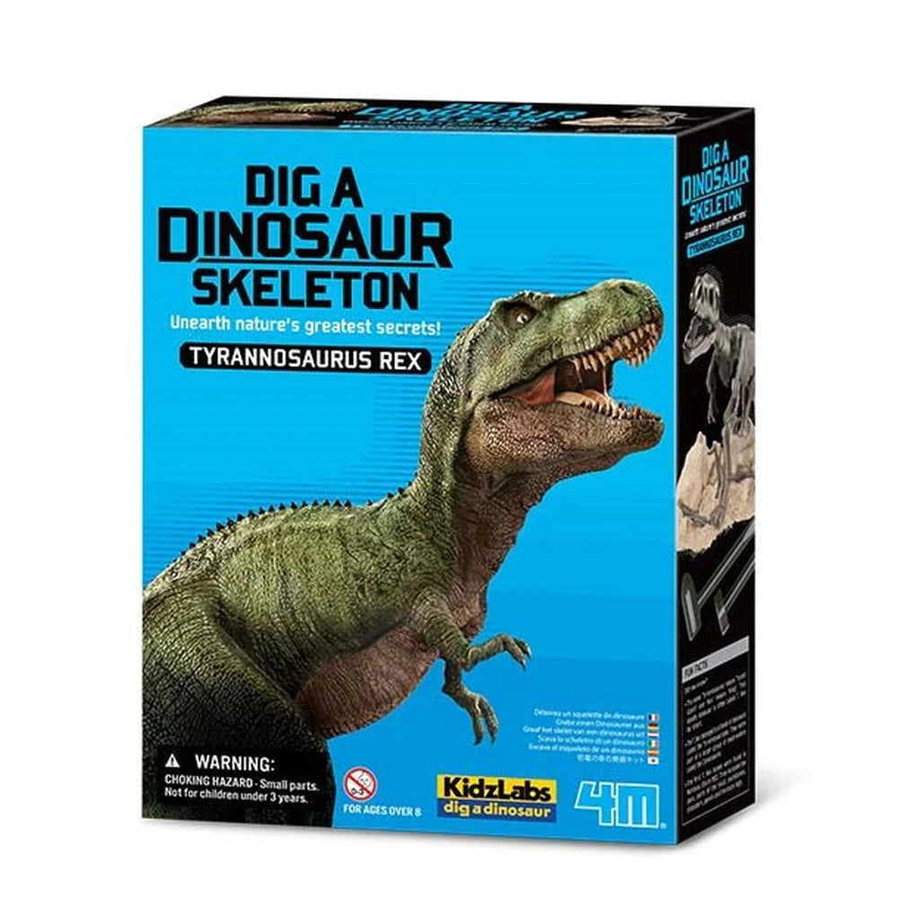 4M Dig a Dinosaur T-Rex educational kit featuring a green dinosaur and skeleton components on blue packaging with white text.