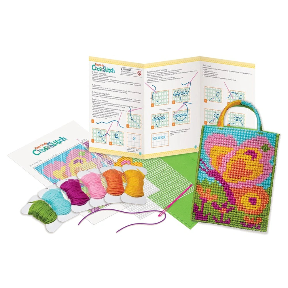 4M cross stitch arts and crafts kit includes 10 yarn spools, scissors, needle, hook, canvas, and pattern book in vibrant colo