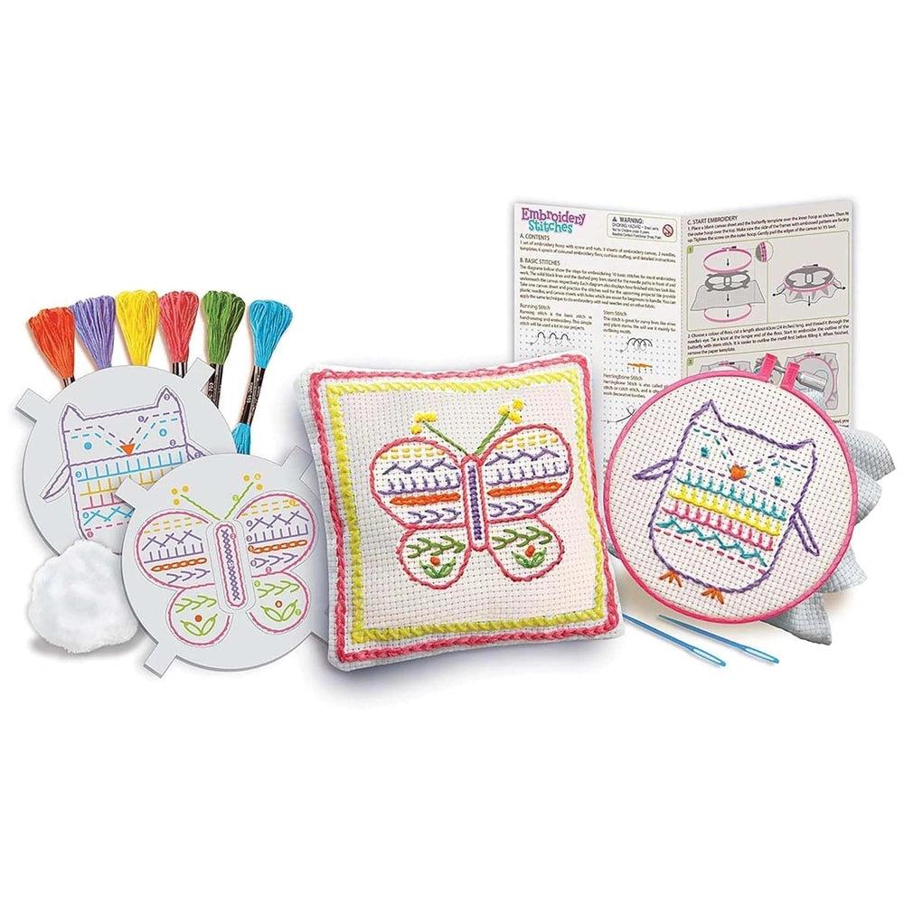 4M Easy to Do Embroidery Stitches kit featuring a white embroidery hoop and various threads on a white table surface.