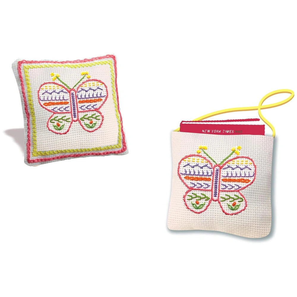 4M Easy to Do Embroidery Stitches kit featuring a butterfly design on fabric with red and yellow borders and "New York Times"