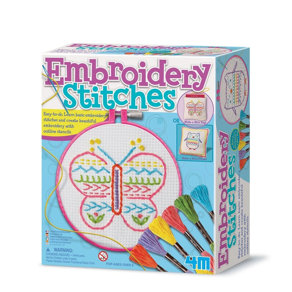 4M Easy to Do Embroidery Stitches kit with colorful stitches, small hoop, instructional booklet, and warning labels on blue p