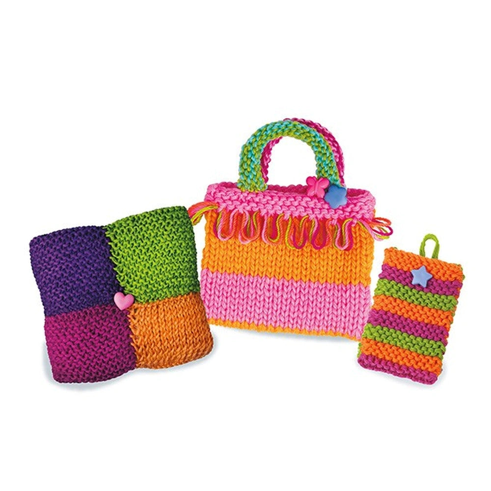 4M knitting arts and crafts set featuring a colorful handbag and three vibrant coasters in various shapes and colors.