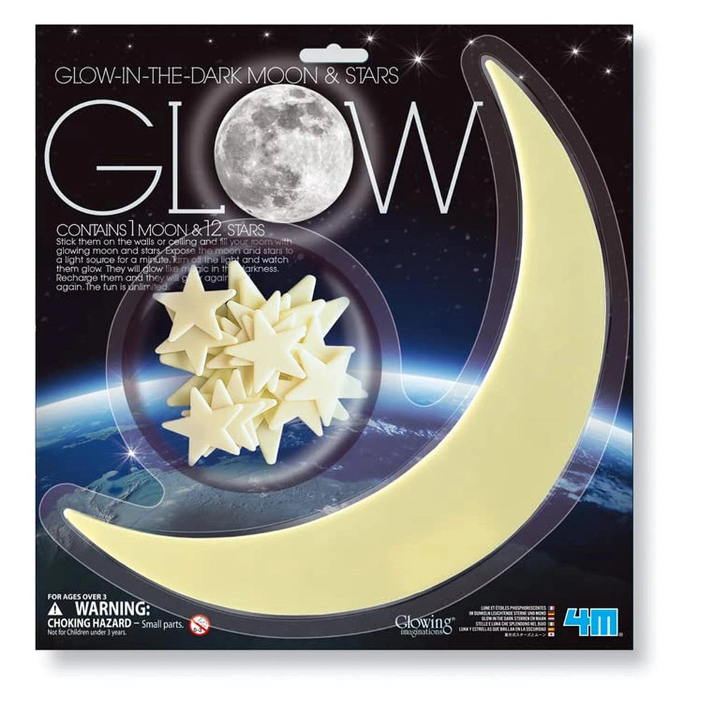 Glow in the Dark Moon & Stars packaging features a black background with white crescent moon and 12 stars, warning label, and