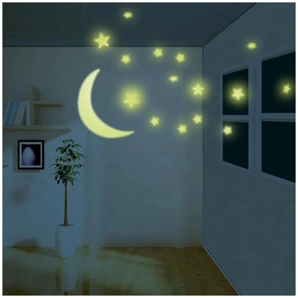 4M Glow in the Dark Moon & Stars features yellow crescent moon and star graphics on a matte wall with a white ceramic plant p