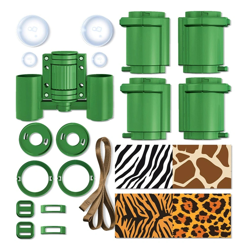 KidzLabs Build Your Own Binoculars with green, brown, and clear plastic rings, zebra and leopard print fabrics, and brown rop
