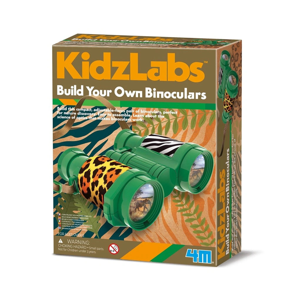 KidzLabs Build Your Own Binoculars kit in green cardboard packaging featuring plastic lenses, handle, and straps for ages 4M+
