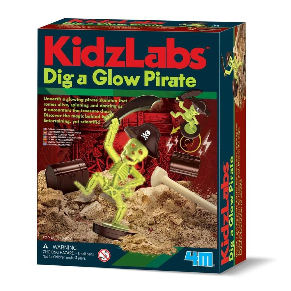 KidzLabs Dig a Glow Pirate toy playset packaging features a skeleton pirate, shovel, and treasure chest on a red background.