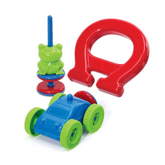 KidzLabs Fun Magnet Science set featuring a green frog, blue car, and red letter "O" in glossy and matte plastics.