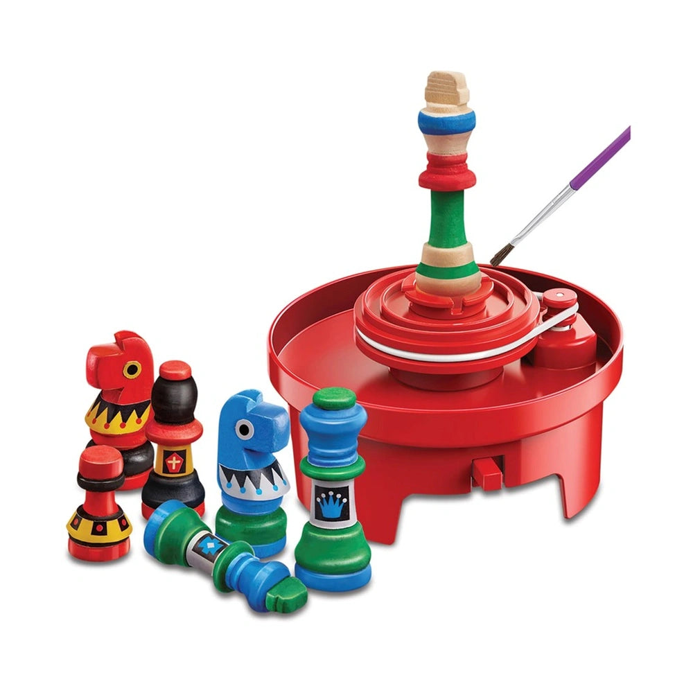 KidzLabs Gamemaker Chess Designer Kit with a red base and glossy plastic pieces in multiple colors.