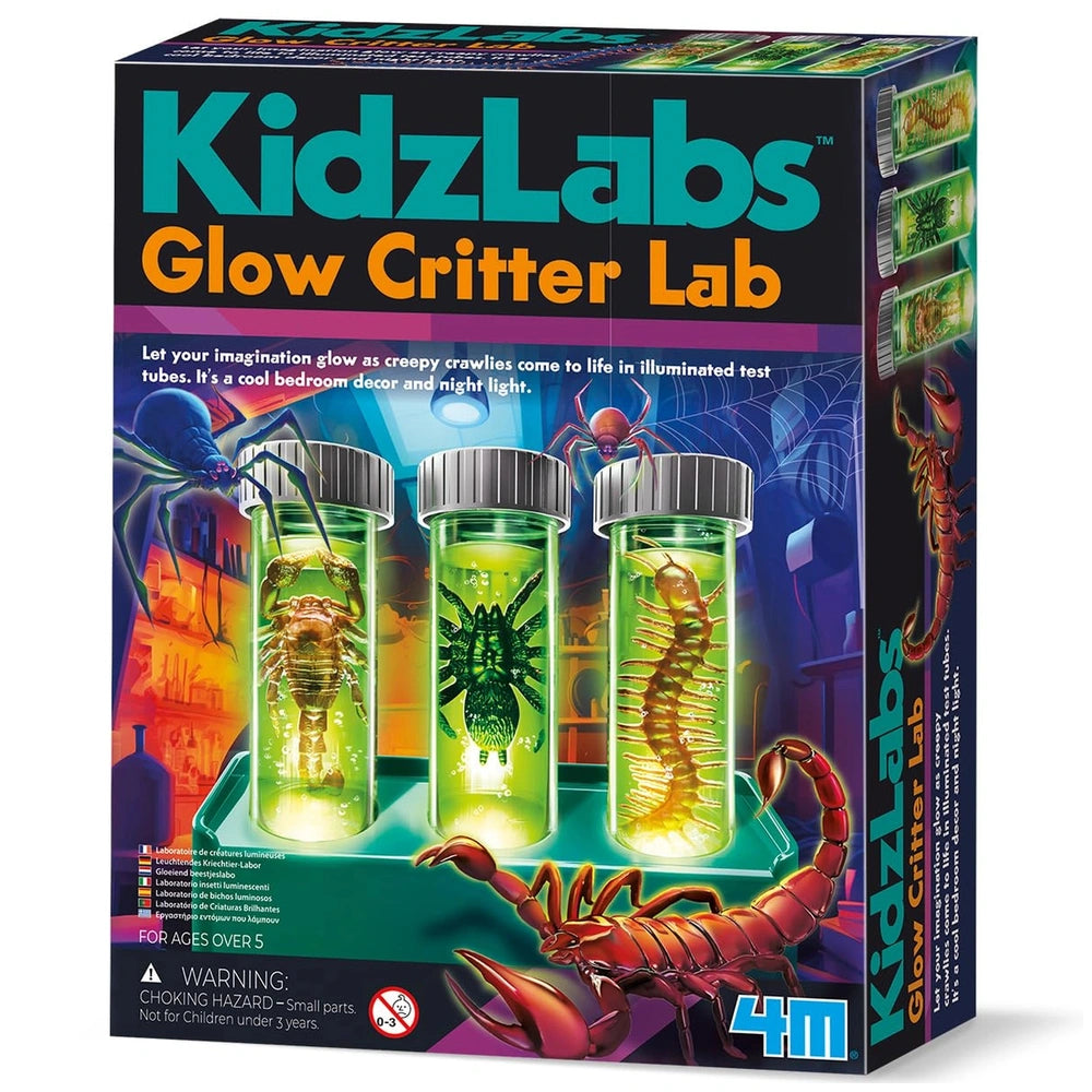 KidzLabs Glow Critter Lab packaging features vibrant colors, product name, warning label, and age marking on a cardboard box.