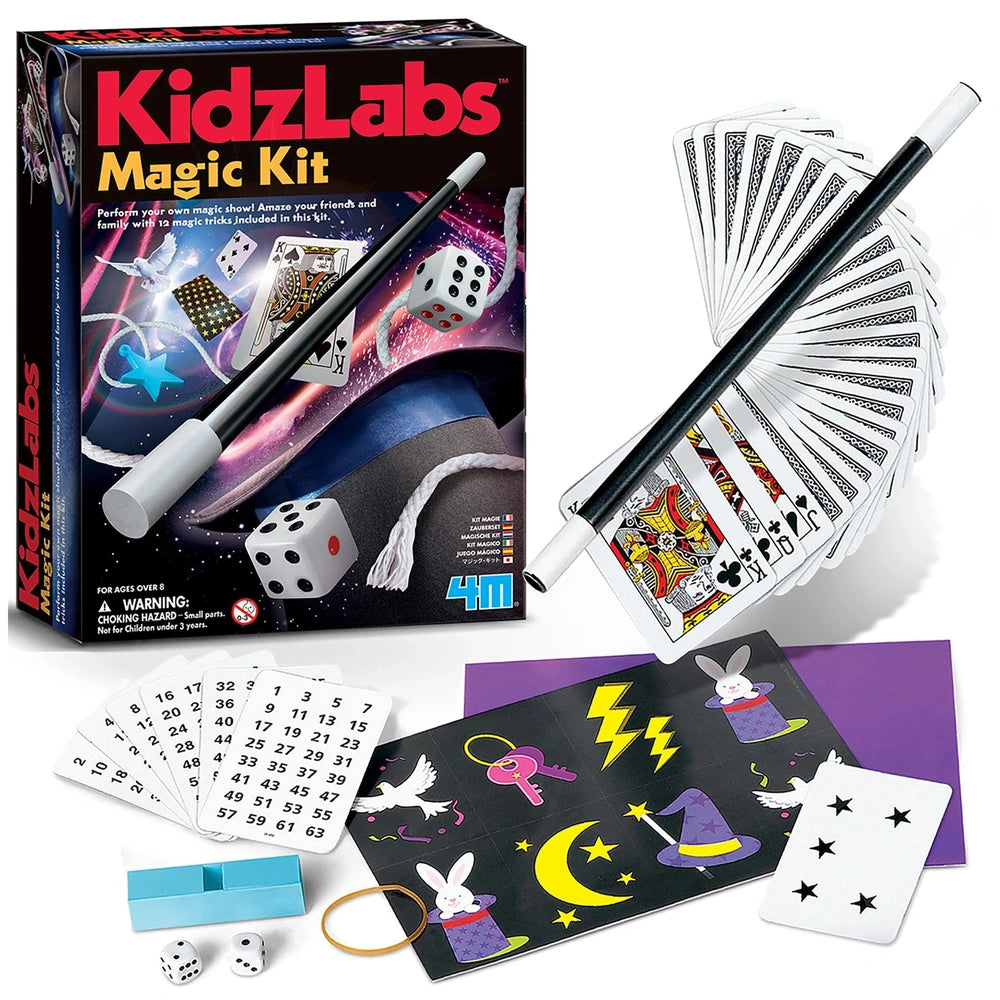 KidzLabs Magic Kit packaging features a black and red box with plastic dice and glossy playing cards displaying a rabbit and 