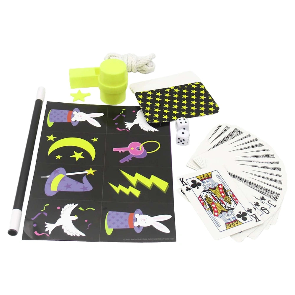 4M KidzLabs Magic Kit featuring colorful illustrations on a black cardboard surface with yellow and white plastic containers.