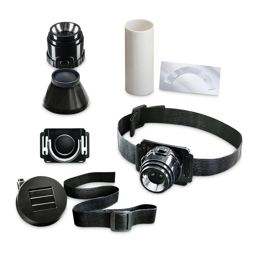 KidzLabs Spy Science Night Mission Spylite features a black plastic camera body, lens cap, and straps, with a white tube on t